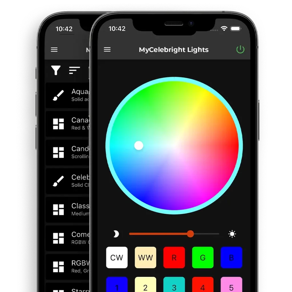 Smartphone screens displaying the MyCelebright app interface with a vibrant color wheel for choosing LED light colors and buttons for custom settings, demonstrating the user-friendly design of the lighting control application.