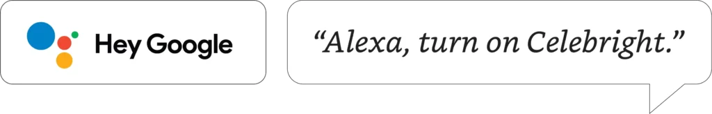 Graphics depicting voice command bubbles for smart home integration with 'Hey Google' and 'Alexa, turn on Celebright' indicating compatibility with Google Assistant and Amazon Alexa for voice-controlled lighting.